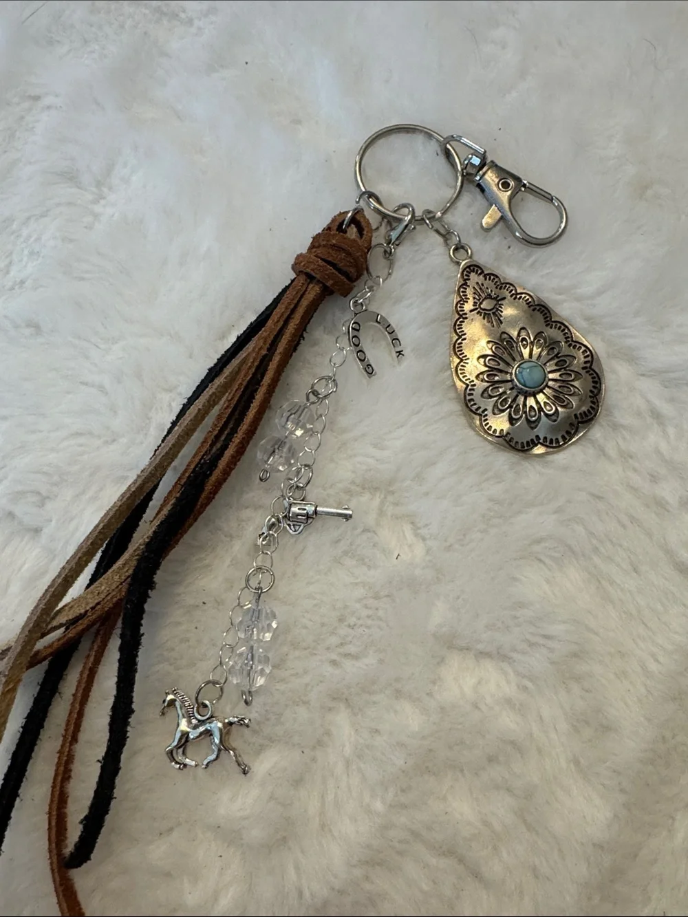 Boho Tassel and Charm Keychain with Turquoise Teardrop Accent